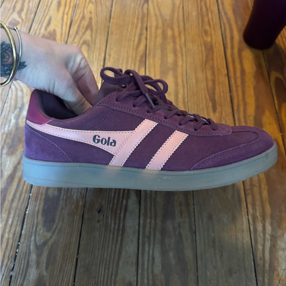 Gola Plum Suede Sneaker with Pink Stripes and Gum Sole